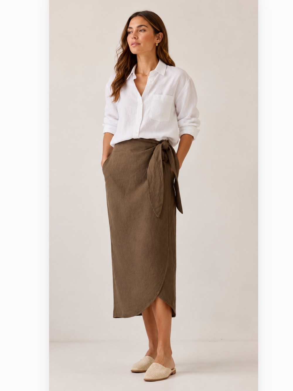 Vetta Capsule Wardrobe 100% Linen Wrap Skirt Pool Wrap Midi Lagenlook Olive XS